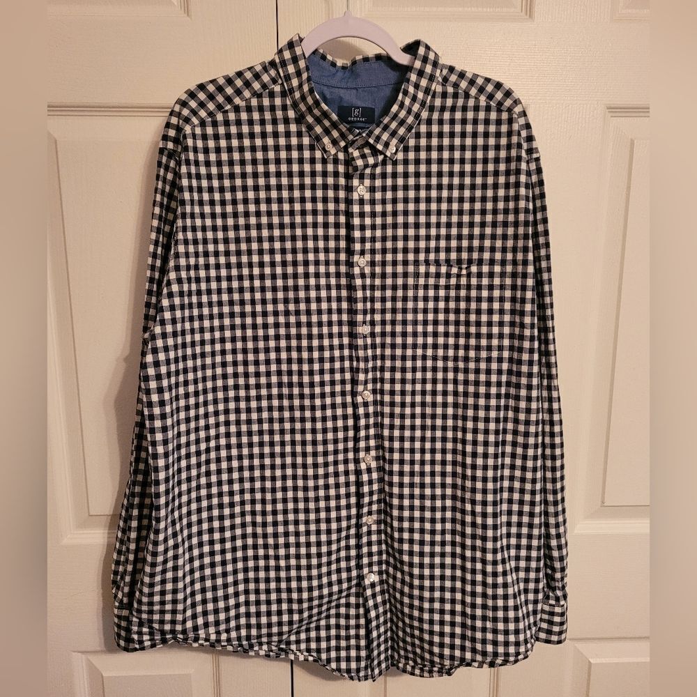 George blue gingham men's long sleeve button up shirt 3XL
